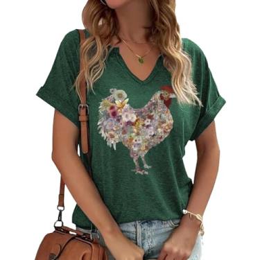 Imagem de Camiseta feminina divertida com estampa de galinha, gola V, manga curta, estampa de animal fofo, Verde - 1, G