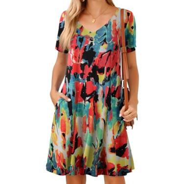 Imagem de JollieLovin Vestido feminino casual de verão 2024 com decote em V plus size camiseta de manga curta vestido de sol solto, Flor com 80 botões, 5X
