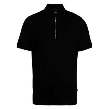 Imagem de BOSS Camiseta polo masculina Polston 11 preta meio zíper manga curta slim fit, Preto, XXG