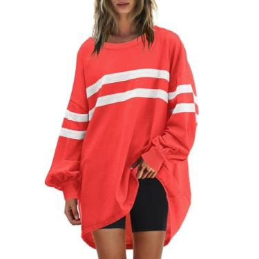 Imagem de Panadila Moletom feminino de gola redonda grande listrado pulôver de manga comprida túnica tops para usar com leggings, Laranja, vermelho, M