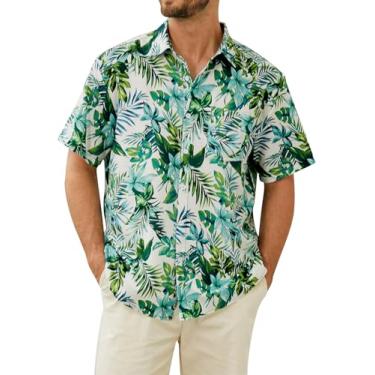 Imagem de Hardaddy Camisa masculina havaiana manga curta praia tropical casual abotoada, Branco-verde, G