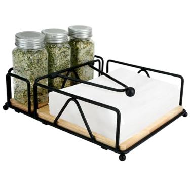 Imagem de Mulaibdin Suporte de guardanapo, suporte de guardanapo plano para mesa, porta-guardanapos com saleiro e pimenteiro, porta-guardanapos de metal com braço pesado e base de madeira para bancada de