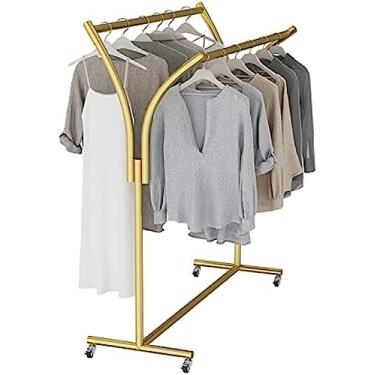 Imagem de Rack de roupas de metal, trilho de roupas resistentes sobre rodas, movimento de 360 ​​°, rack de roupas multifuncional, rack de roupas de moda, organizador de roupas domésticas, ouro, 150x15