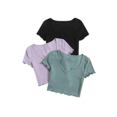 Imagem de SHENHE Camisetas femininas plus size, básicas, caneladas, manga curta, gola V, gola V, Preto, roxo, azul-petróleo, 3G Plus Size