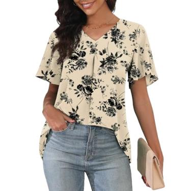 Imagem de LAOLASI Blusas femininas de chiffon de verão manga curta gola V casual solta trabalho tops para leggings 2024 camisetas rodadas elegantes, Floral branco, G