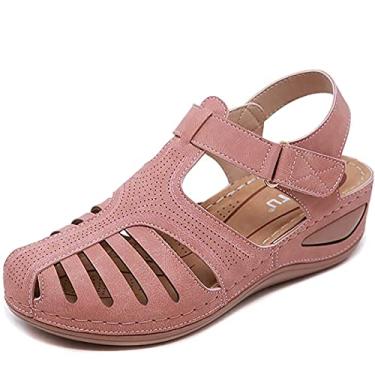 Imagem de Sandálias femininas de cunha retrô, verão plus size, bico redondo, confortável, sandálias ortopédicas premium de praia, fivela feminina, costura casual, sandálias de areia para caminhada(Pink,36 EU)