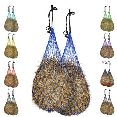Imagem de Majestic Ally 2 peças de rede de feno de alimentação lenta de 142 cm com furos macios de 7,6 cm x 7,6 cm para cavalos e gado, corda de nylon, simula pastoreio, reduz o desperdício (azul royal)