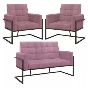 Imagem de Kit Recepção 2 Poltronas 1 Namoradeira Base de Ferro Reforçada para Escritório Sala de Espera (ROSA)