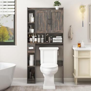 Imagem de Armário de armazenamento sobre o vaso sanitário, armário de armazenamento de casa de fazenda sobre vaso sanitário com porta de celeiro, rack de vaso sanitário que economiza espaço, para banheiro,