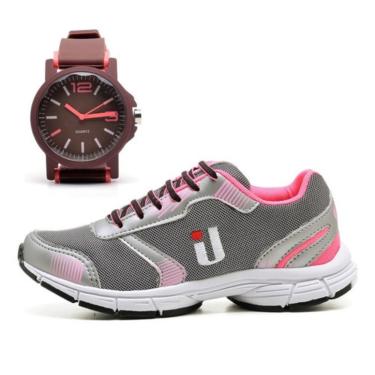 Imagem de Tênis Casual Feminino Super Confortável Macio Promoção Mais Relógio Cinza e Rosa  feminino