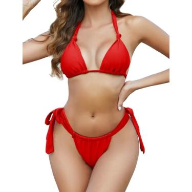 Imagem de Zonsaoja Biquíni feminino tanga com laço lateral triangular, duas peças, maiô frente única e nó, Vermelho, P