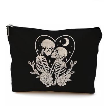 Imagem de QGFM Bolsa de maquiagem para casal, bolsa de maquiagem gótica, presentes de crânio para casais, bolsas de cosméticos com zíper, presentes de esqueleto de noiva gótica para namorados