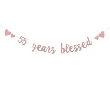 Imagem de DONGLYJL Glitter Rose Gold 55 years blessed Banner, Pre-Strung, 55th Birthday/Wedding Anniversary Decorações Bunting Sign Backdrops, 55 years blessed