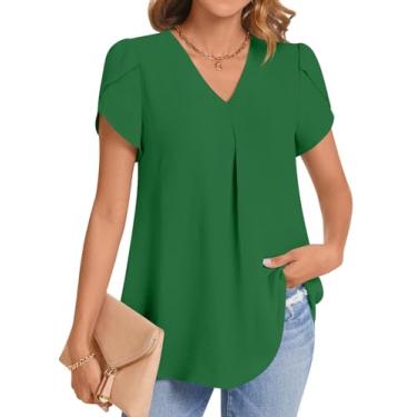 Imagem de COFNEW Blusas femininas de chiffon elegantes de verão, camisetas de manga curta, gola V, túnica para leggings, 2/Verde escuro, GG