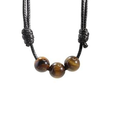 Imagem de Colar com pingente de contas de pedra preciosa olho de tigre com cordão de nylon de cera ajustável - Gargantilha unissex com contas de olho de tigre masculina e feminina, ajustável - abre de 40,64 a 81,28 cm, pedra preciosa, olho de tigre, Adjustable - opens from 16" to 32" inches, Gema, Olho de tig