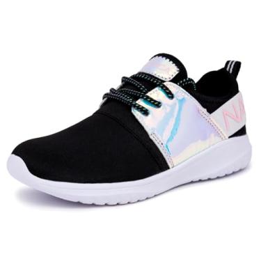 Imagem de Tênis de corrida atlético Nautica infantil feminino metálico fashion com cadarço I kappil I (criança grande - criança pequena - bebê), Iridescent Black, 5 Big Kid