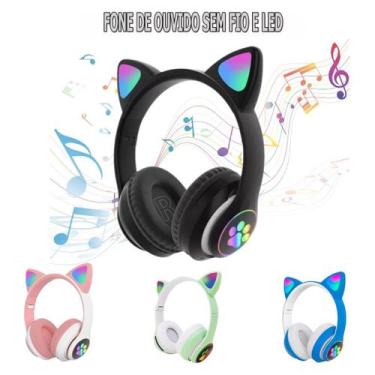 Imagem de Fone de Ouvido Bluetooth Headphone RGB Led Light Gatinho - DCMB, Preto