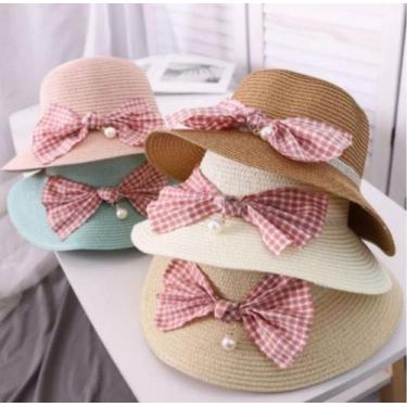 Imagem de Kit Chapéu Bolsa Moda Praia Infantil Kids Laço Perola Menina Delicada 