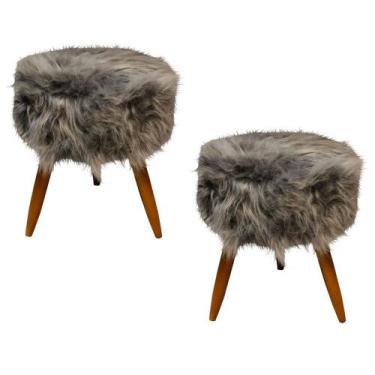Imagem de Kit 02 Puffs Banqueta Luxo Redondo Pelúcia Cinza Pêlo Alto Pés Madeira
