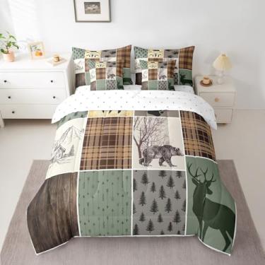 Imagem de Erosebridal Jogo de cama queen com urso, chalé rústico, 7 peças, para quarto de crianças, meninos, adolescentes, lençol de cima, vintage, campo, fronha, xadrez, patchwork, fronhas