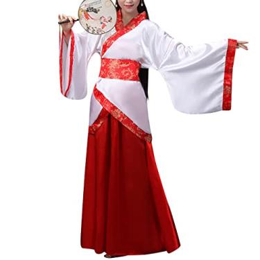 Imagem de QYUU Vestido de Hanfu chinês chinês antigo traje tradicional roupa de apresentação de palco (1# blusa branca + saia vermelha, GG), 1# Blusa branca + saia vermelha, GG