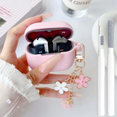 Imagem de Linda capa rosa para Samsung Galaxy Buds 3/3 Pro/3 FE capa para meninas e mulheres com chaveiro de flor pompom e caneta limpadora, capa protetora de silicone macio para Galaxy Bud Pro 3/Buds3/Bud 3 FE