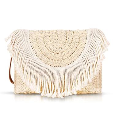 Imagem de QTKJ Bolsas clutch de palha, bolsas transversais para mulheres, pacote envelope de tecido feito à mão com borla boêmia, bolsas para mulheres, férias, viagens, praia (bege), Bege