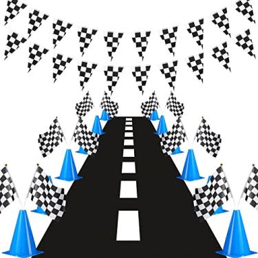 Imagem de Skylety Conjunto de cones de trânsito e bandeiras quadriculadas de corrida - inclui 12 cones de trânsito de plástico, 12 bandeiras quadriculadas com bastões, faixa quadriculada de 8 m e tapete de