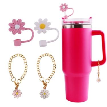 Imagem de 2 peças de tampa de palha de flor com 2 peças de acessórios para copo Stanley, topo de palha de silicone de pato 10 mm 1 cm compatível com copo de 30 e 1,134 g, tampas de canudo reutilizáveis à prova