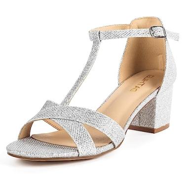 Imagem de GUIHTAO Sandálias femininas de salto grosso, bico aberto, tira no tornozelo, dourado, nude, preto, prata, salto alto, Glitter prateado, 38