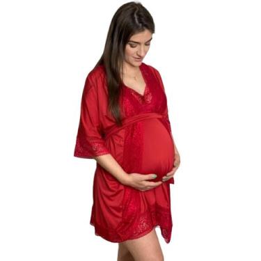 Imagem de Kit Camisola Luxo Amamentação + Robe Gestante Maternidade - Doce Mamãe