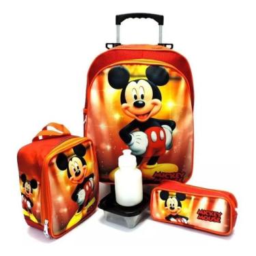 Imagem de Kit Mochila Infantil Escolar Mickey Mouse Vermelho Rodinhas Tam G F5 -