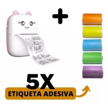 Imagem de Impressora gatinho + 5 Rolos etiqueta Adesiva Colorida - Xd Mega, Rosa