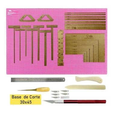Imagem de Jogo de Réguas Gabaritos De Mdf Kit Cartonagem Scrapbook Base De Corte