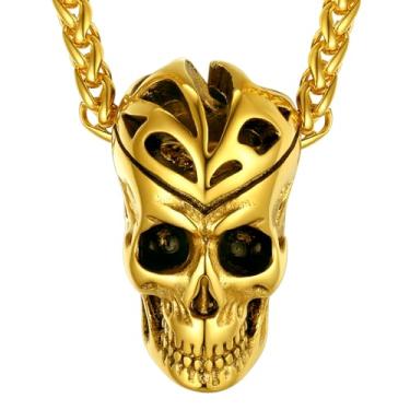 Imagem de ChainsHouse Colar de caveira para homens, joia punk gótica retrô, colar de motociclista para homens, gravação , placa de identificação de cachorro de aço inoxidável, com caixa de presente, Metal