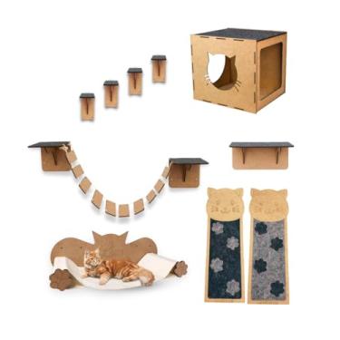 Imagem de Kit Playground Para Gato 11 Peças Com Arranhador 4mm Em Mdf (Cinza Patinhas)