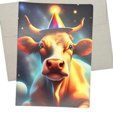 Imagem de Cartão de aniversário de vaca, cartão de aniversário de boi ou touro (1 cartão dobrado premium, em branco dentro, 12 x 18 cm) Cartão de feliz aniversário com tema de vaca e fazenda - 457