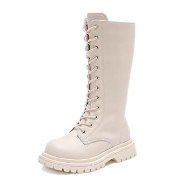 Imagem de Botas de equitação de salto baixo com cadarço até o meio da panturrilha para meninas botas de equitação de couro infantil com zíper lateral de couro para crianças botas de outono e