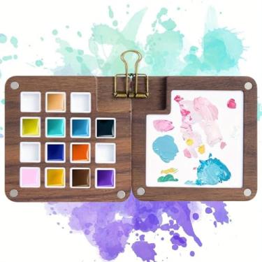 Imagem de Diulazin Mini paleta de aquarela portátil de 15 grades com clipe - Mini paleta de tinta de madeira para aquarela, guache e tinta acrílica - presente ideal para artistas e pintores