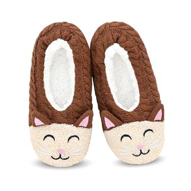 Imagem de DICUIRD Meias femininas com sola macia de animais com aderências-chinelos felpudos, Gato marrom, 8-10
