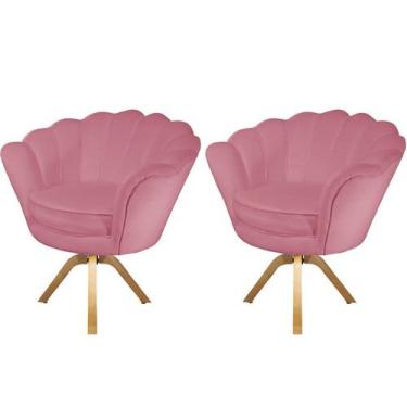 Imagem de Kit 2 Poltronas Decorativa Pétala Base Giratória Madeira Suede Rosa Ms