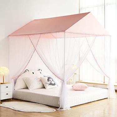 Imagem de Akiky Meninas Cama Canopy Grande Playhouse com Pompom Princesa Castelo Indoor & Outdoor Play Tenda para Crianças - Não Inclui Varas de Cama (Twin, Rosa)