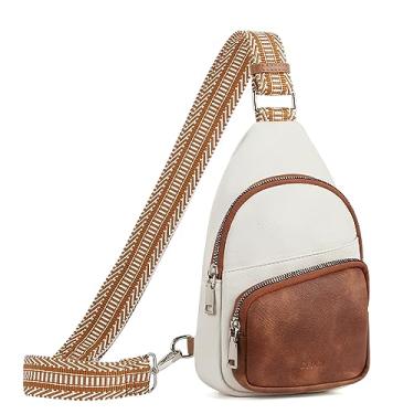 Imagem de CLUCI Bolsa pequena para mulheres, pochete de couro vegano, bolsas transversais para mulheres, bolsa de peito com alça de guitarra, A-1 Off White With Brown, Small, Transversal