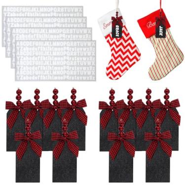 Imagem de 16 peças de etiquetas de madeira para meias de Natal com 4 folhas adesivos de letras adesivas etiquetas de nome de meia de Natal com linha xadrez de búfalo e miçangas etiquetas de quadro-negro (vermelho e preto)