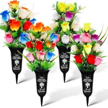 Imagem de Quzzil Conjunto de 4 flores artificiais de cemitério com vaso de flores de cemitério com rosas florais e funerárias, lápides para decoração de cemitérios, túmulos, gramados, quintais