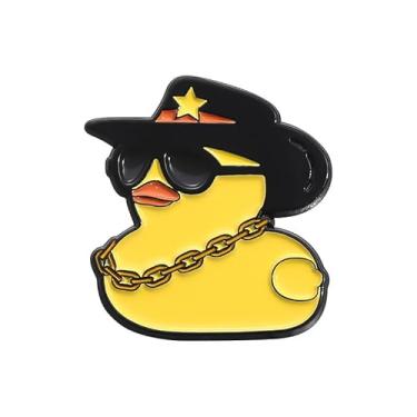 Imagem de Chapéu pirata legal broche de pato broche de esmalte para mulheres meninas meninos novidade engraçado animal amarelo usando óculos de sol e colar adorável broche de lapela de pato broches jaqueta