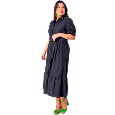 Imagem de Vestido plus size manga curta midi com cinto e saia evase em crepe ele