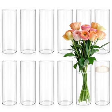 Imagem de 12 peças de vaso cilíndrico de vidro para centros de mesa, vasos de flores transparentes de 35,5 cm de altura, decorações de casamento, vasos de flores e plantas, vasos de flores e plantas, suporte de