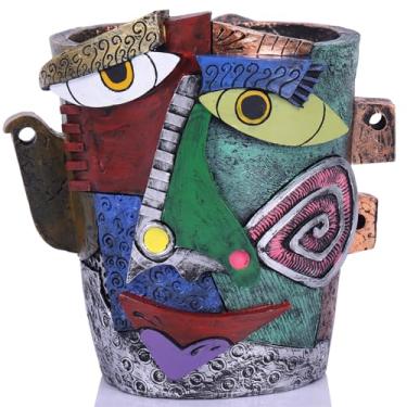 Imagem de Picasso Vaso de flores com rosto de beleza abstrata brutalista, vaso decorativo de cabeça colorida para pátio, vasos de plantas descolados, vaso de flores grande exclusivo para plantas de interior,