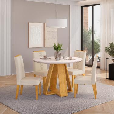 Imagem de Conjunto Sala de Jantar 4 Cadeiras Tampo Redondo dj Móveis Kiara Cedro Yasmin Linho Neve